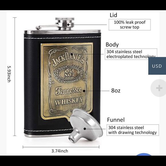 KWANITHINK Hip Flask with Funnel-Leather, Stainless Steel, 8oz - Picture 5 of 5